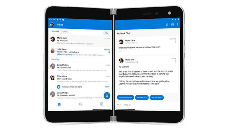 Outlook open on Surface Duo