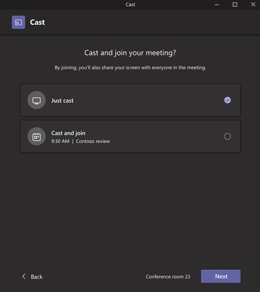 A pop up that lets you choose if you want to just cast or cast and join a meeting.