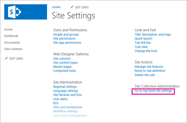 Go to top level site settings