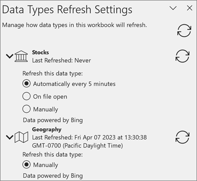 The Refresh Settings pane for data types.