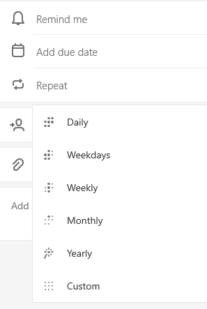 Repeat selected with the option to choose Daily, Weekdays, Weekly, Monthly, Yearly or Custom