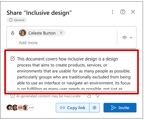 Shows the box you see in Word when you share a document. A summary is shown in the box.