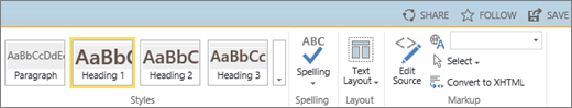 Screenshot of a section of the SharePoint Online ribbon with the Share, Follow, and Save controls.