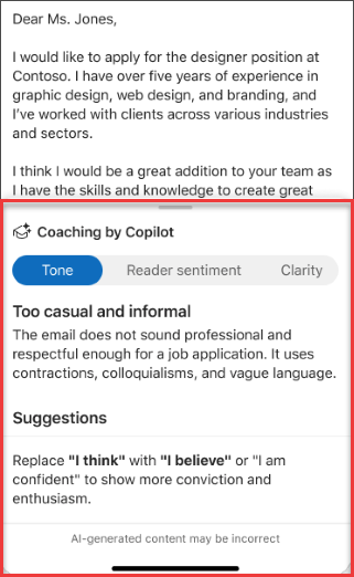 Copilot's suggestions for tone, clarity, and reader sentiment in Outlook for mobile