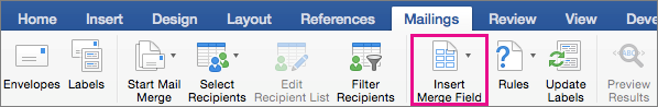 On the Mailings tab, Insert Merge Field is highlighted