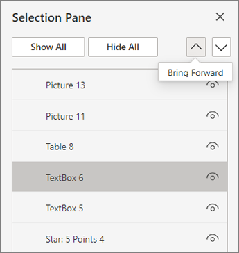 Selection pane with bring forward selected