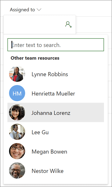 The Assigned To column in Project, displaying a name search