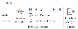 Screenshot of the Mailings tab in Word, showing the Preview Results group.