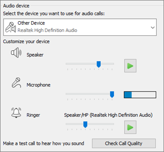 Customized settings--speaker, microphone, ringer--for audio device