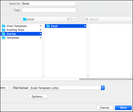 In the search results, double-click the Startup folder, double-click the Excel folder, and then click Save.