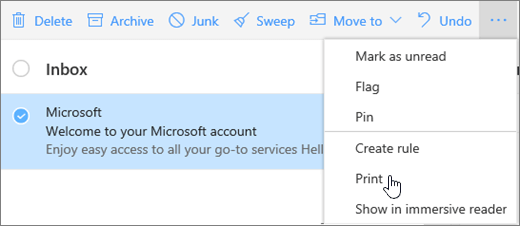 A screenshot shows the Print option selected for an email message.