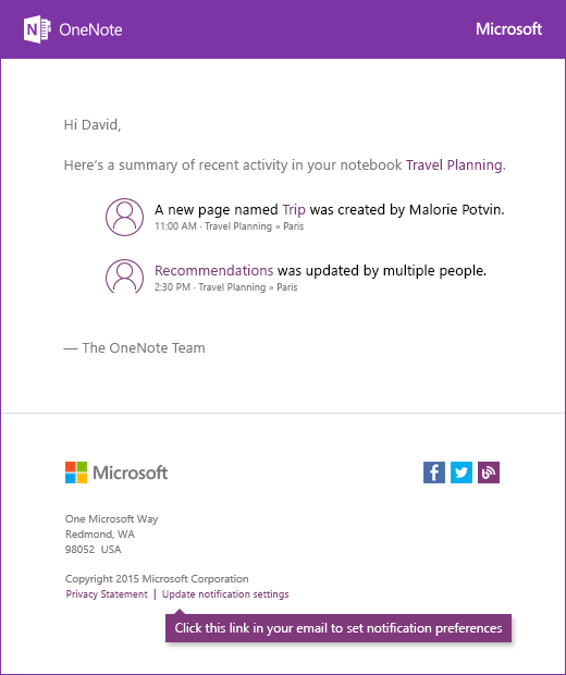 A sample OneNote notification email message