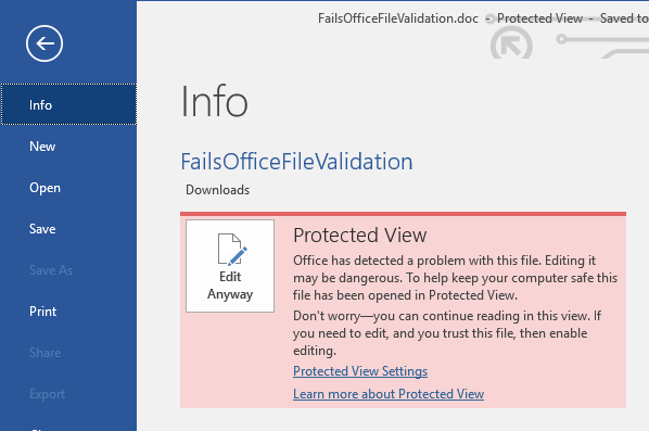 Protected View Office File Validation Failure Backstage