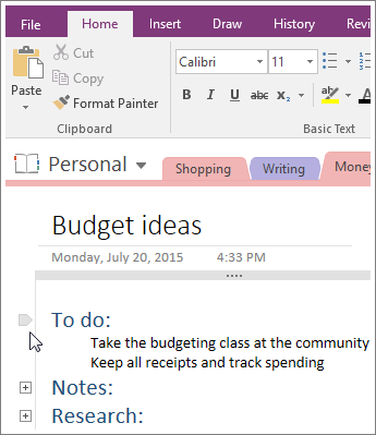 Screenshot of how to collapse an outline in OneNote 2016.