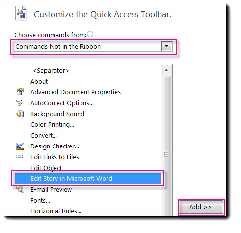 Add the Edit Story in Microsoft Word button to the Publisher QAT.