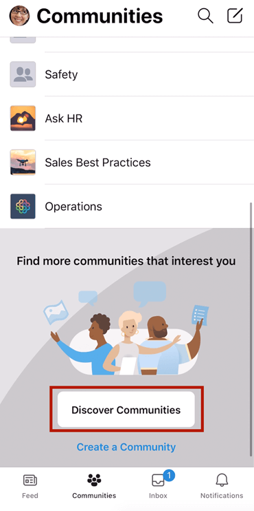 Screenshot showing finding Yammer communities on mobile with selection