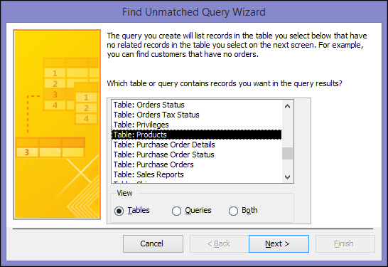 Select a table or query in the Find Unmatched Query Wizard dialog box