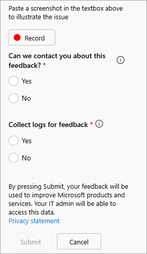 Screenshot showing option to allow contact and send logs when submitting feedback