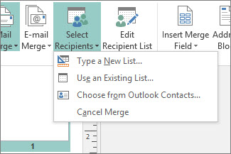 Mailings Select Recipient button options