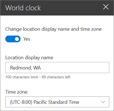 The toolbox for the World Clock webpart for SharePoint sites, showing how to customize a display name and time zone