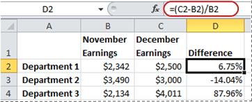 Example of formula for calculating a percentage