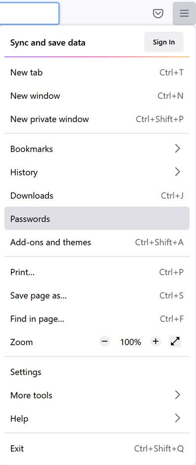 The main menu in Firefox with the Passwords option selected.