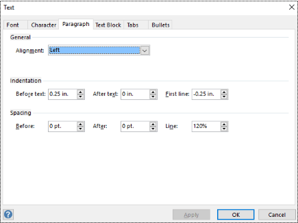 Paragraph spacing dialog in Visio.