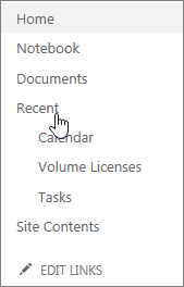 The Recent link on the Quick Launch displays the recently created pages, lists, and libraries