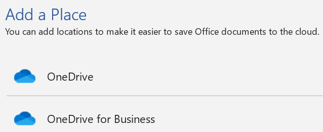 Screenshot of the Add a Place button and Add a Place list on the Save As page of Word.