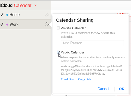 Public calendar settings in iCloud