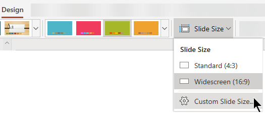 Options for slide size are available near the right end of the Design tab of the toolbar ribbon in PowerPoint Online