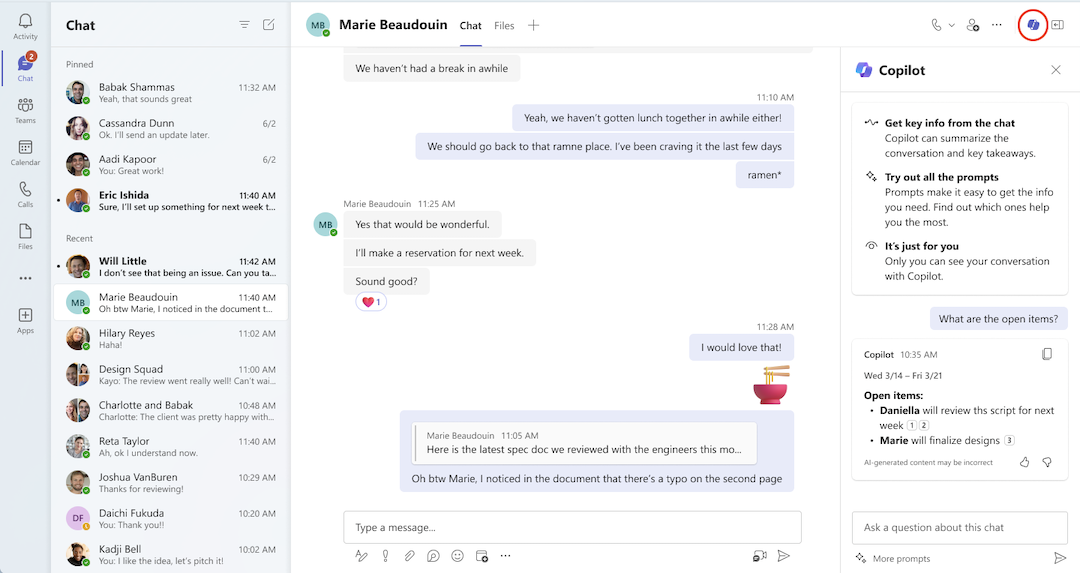 A view of Copilot in a Teams chat