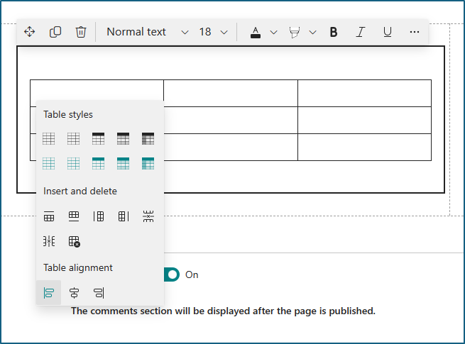 screenshot of the table styles pane in detail