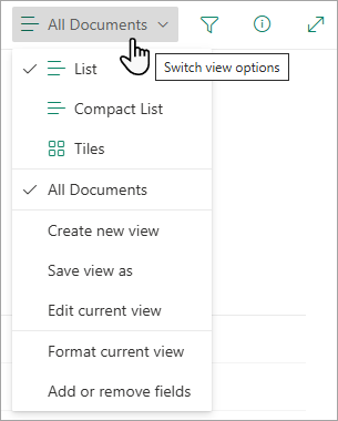 Many lists have other views you can select by using the View options menu.