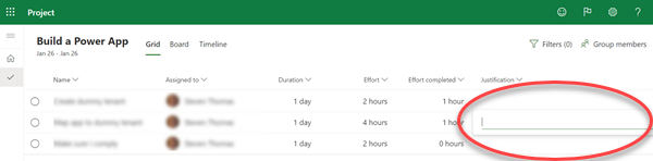 Grid view of a web project with a custom field being edited