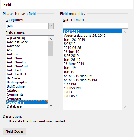 Field selection categories and properties