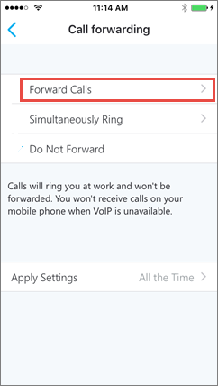 Skype for Business for iOS Call forwarding screen