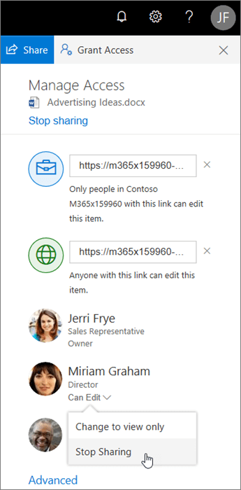 Change or stop sharing in OneDrive