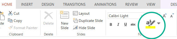 The Text Highlighter button is on the Home tab of the ribbon in PowerPoint Online