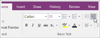 Screenhsot of the Increase Indent button in OneNote 2016.