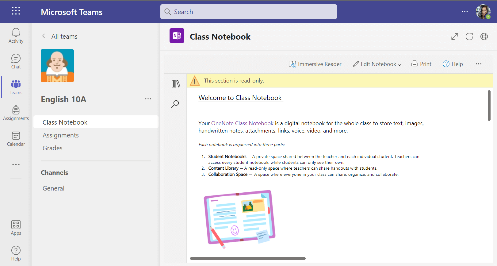 Screenshot of the Class Notebook in web version of Teams.