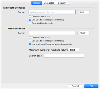 Exchange account server settings