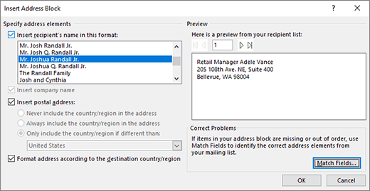 Insert address block dialog box