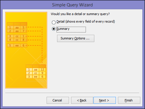 Select Detail or Summary on the Simple Query Wizard dialog