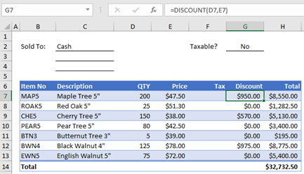 Example order form with a custom function