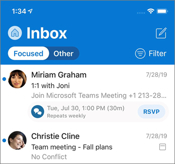 Focused Inbox in Outlook mobile