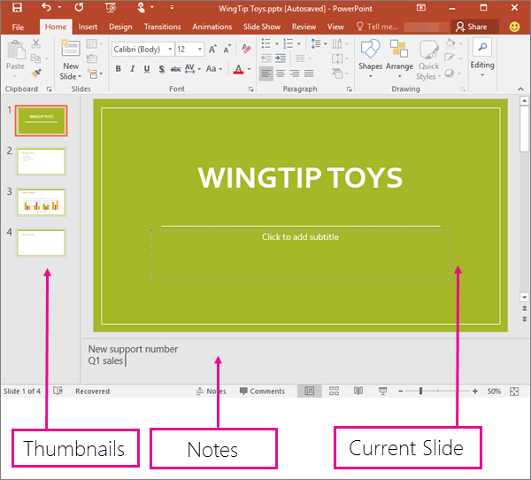 Shows the Normal View in PowerPoint