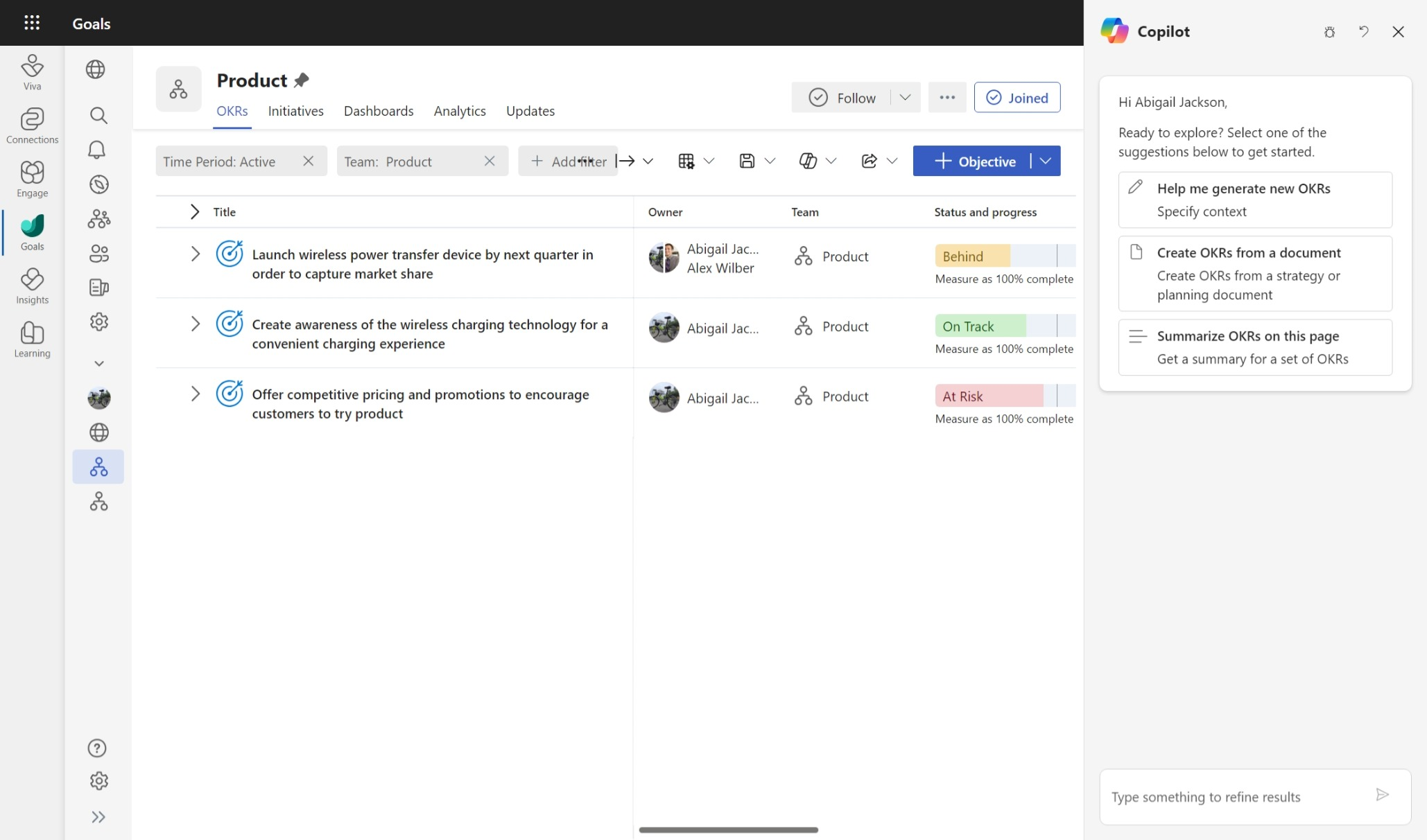 Screenshot that shows a view of a product team's OKRs with a view of suggested Copilot actions on the right side.