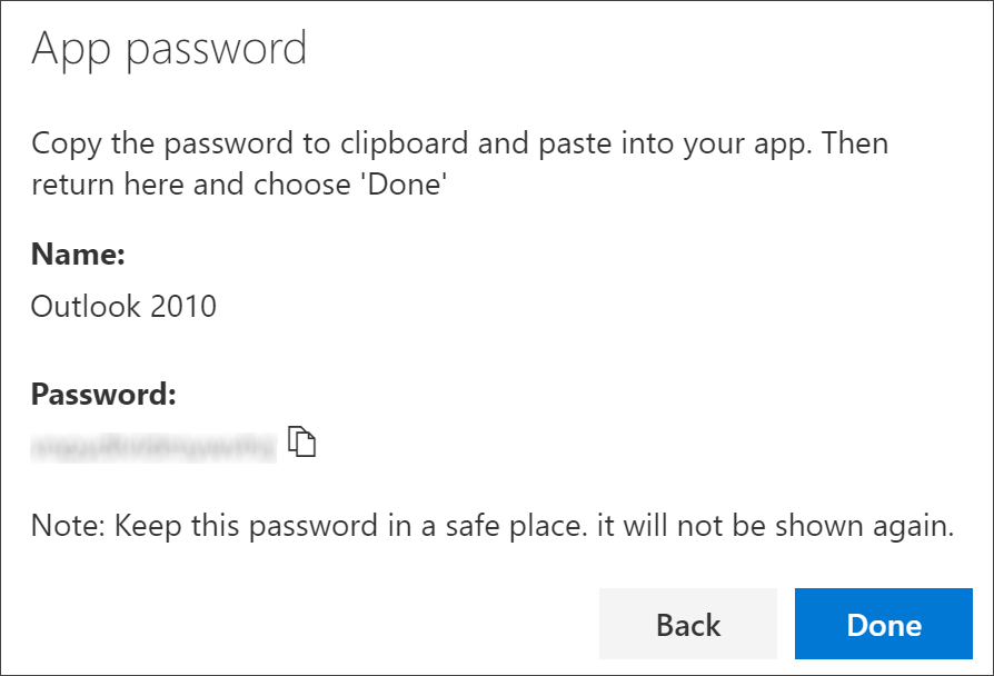 App password page, with name of app