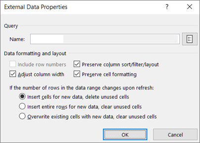 Example of the External Range Properties dialog box